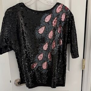 Black Sequin Short-Sleeve Top with Pink Teardrop Detail